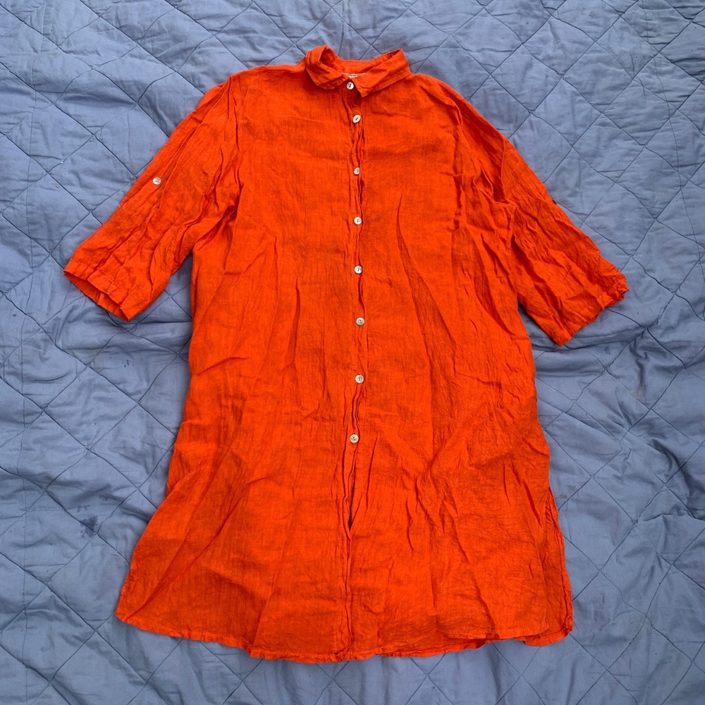 Chocolate Preppy collared linen button up dress w/ pockets in orange - medium